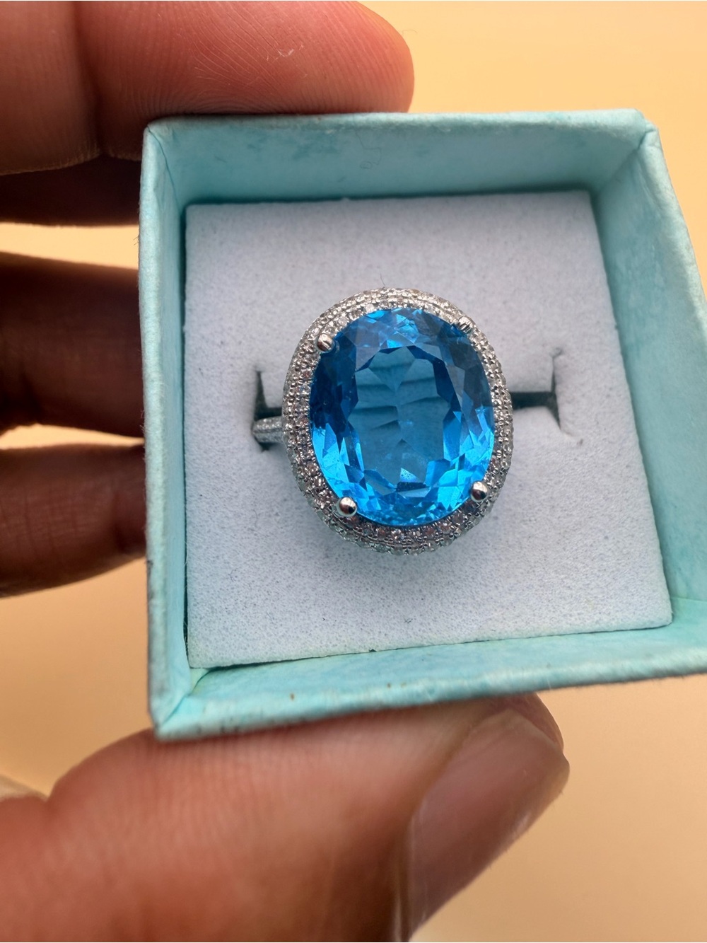 14k White Gold 7.21 Ctw Blue Topaz & Diamond Ring Size 7.